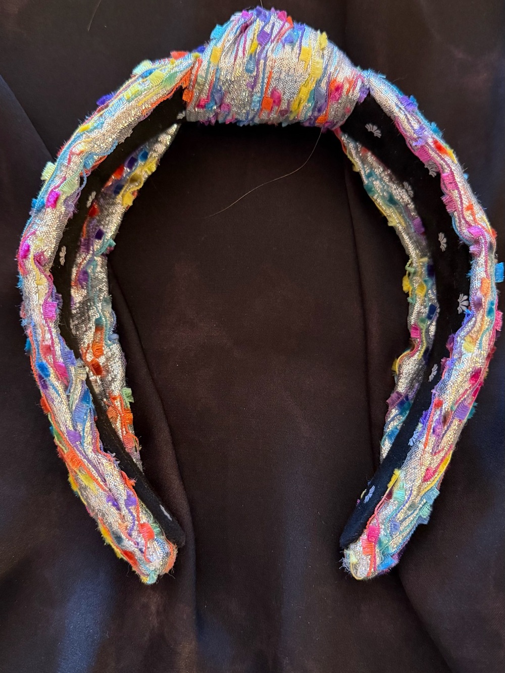 LELE SADOUGHI Silver metallic headband with multi colored ribbon throughout